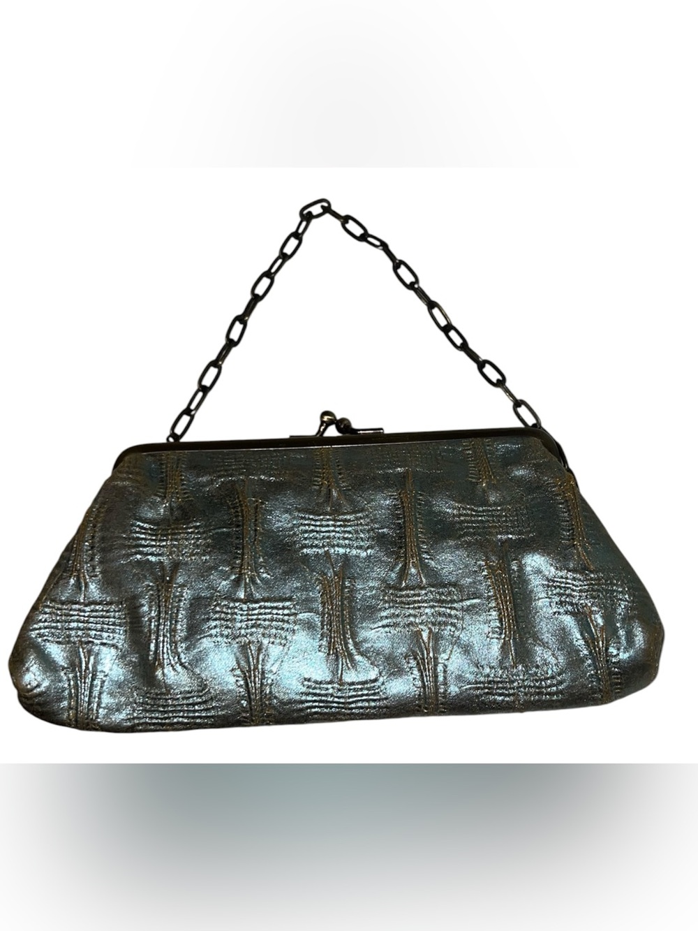 Metallic Pewter Chain-Handle Evening Clutch